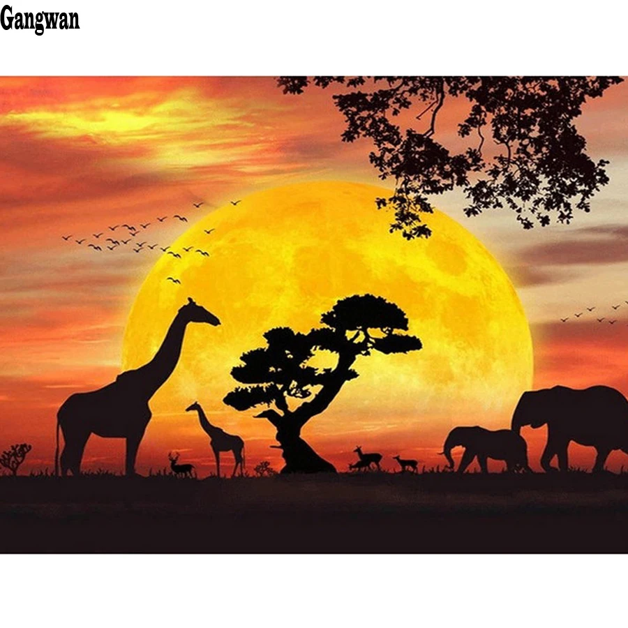5D diamond embroidery sunset scenery icon diamond painting cross stitch giraffe elephant diamond mosaic square rhinestone pattern