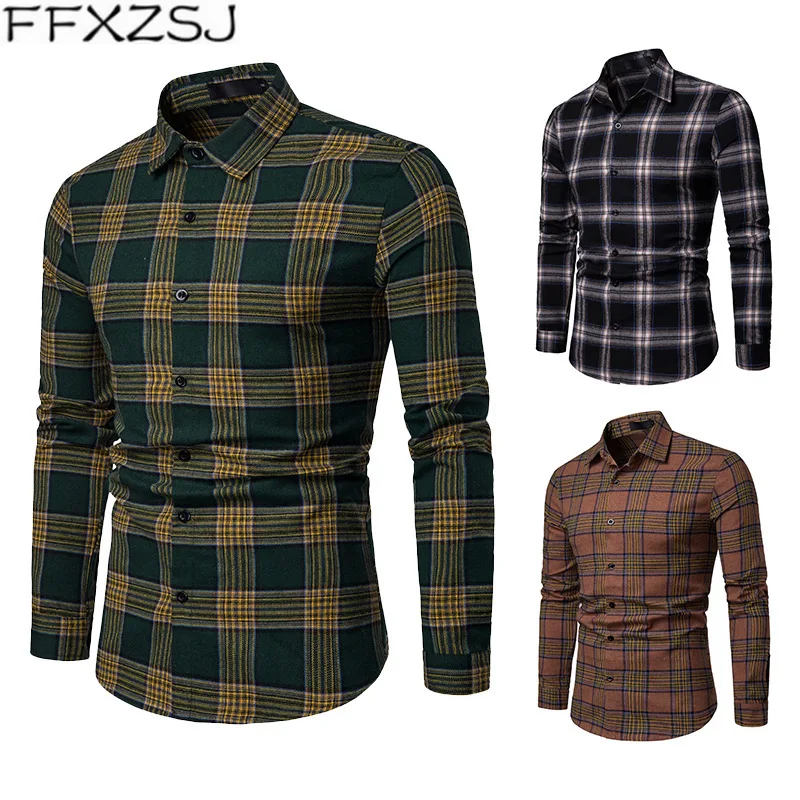 FFXZSJ брендовая мужская одежда 2019 Мужская рубашка с длинным рукавом Повседневная ацетат отложной воротник Повседневная Обычная клетчатая