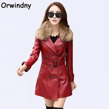 Orwindny воротник из меха енота женское длинное кожаное пальто плюс размер XS-3XL кожаный Тренч весенняя и осенняя Дамская одежда