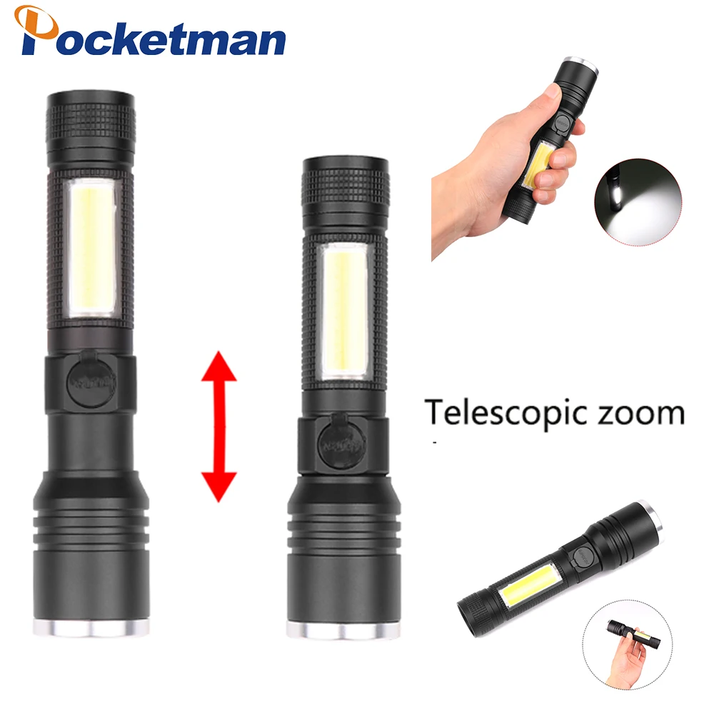 

New listing T6+COB LED Mini Flashlight Telescopic zoom Torch 5 Modes USB Rechargeable Flashlight with 18650 battery 5000LM