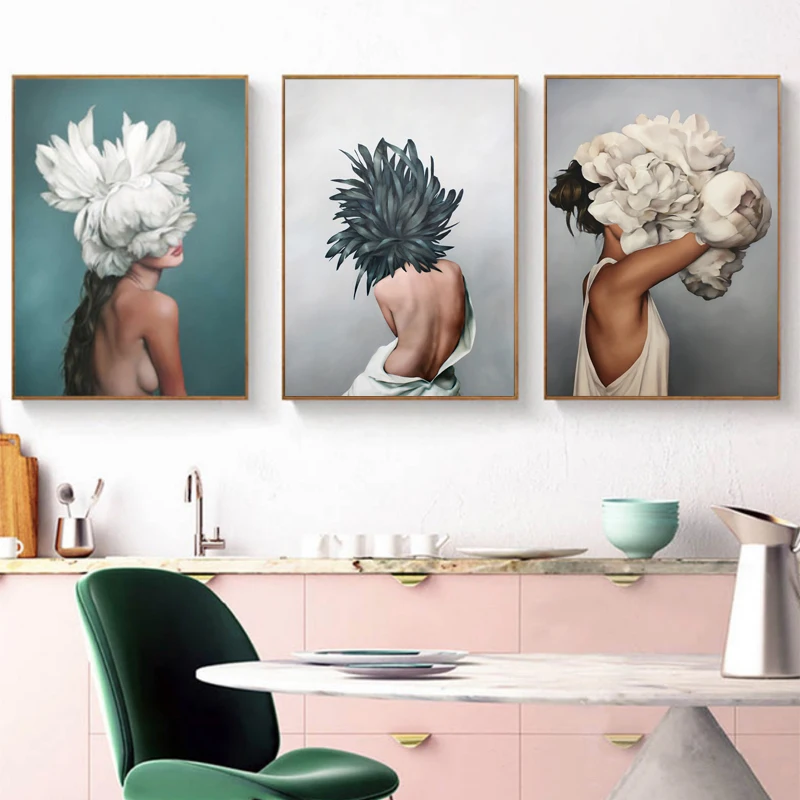 

Modern Posters and Prints Flowers Feather Women Print Oil Painting Canvas Wall Art Pictures for Living Room Home Decoration