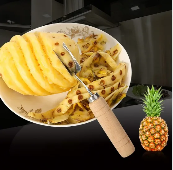 

1PC Wooden Handle Anti Slip Handle 2 Blades Pineapple Fruit Peeler Cutter Silver Tone KX 147