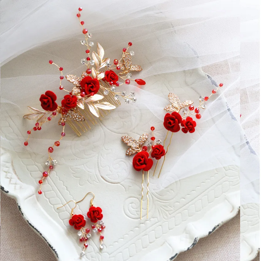 Dawer me, очаровательный красный цветок, женский головной убор на выпускной, стразы, свадебная расческа для волос, свадебная повязка на голову, заколки для волос, аксессуары
