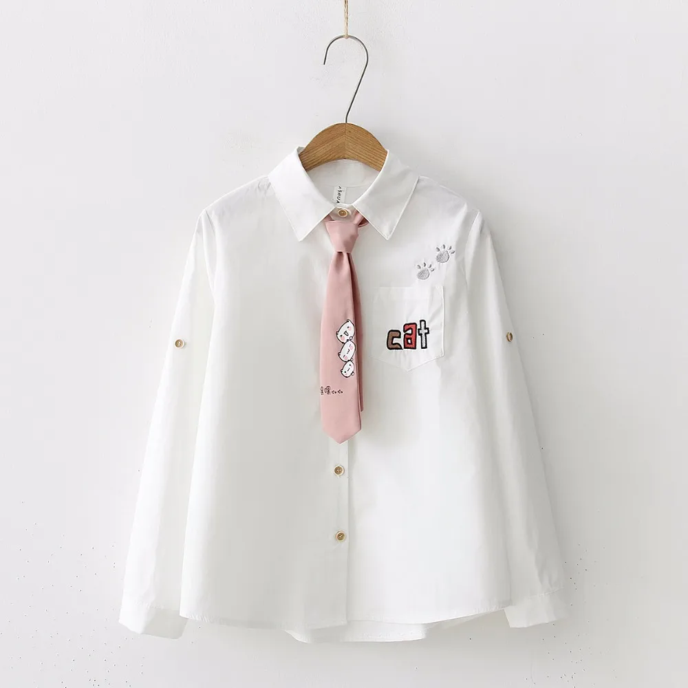 Женская блузка в японском стиле с вышитыми буквами и кошками, хлопковая рубашка с карманами, милый топ с галстуком, весна-осень, блузы с длинным рукавом T8N906