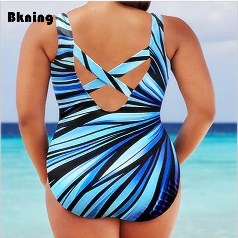 

Bkning 5XL Large Striped Swimsuit One Piece Swimwear Women Plus Size Swim Suits One-piece Bathing 1 Blue Bandeau Retro Big XXXL