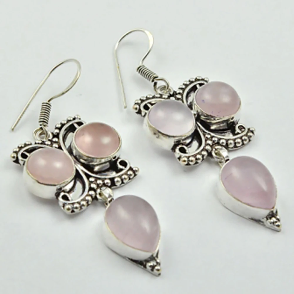 

Rose Quarts Earrings Silver Overlay over Copper, Total Length 55mm , E2878