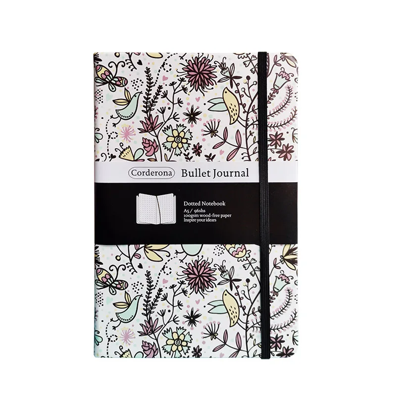 

Floral Bullet Journal Dot Grid Hard Cover A5 PU Notebook Elastic Band Travel Dotted Bujo
