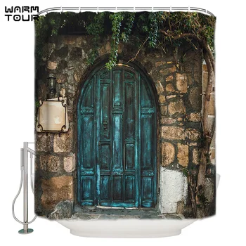 

WARMTOUR Shower Curtain Vintage Brick House Wooden Door Extra Long Fabric Bath Shower Curtains Bathroom Decor Sets with Hooks
