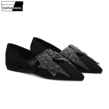 Милые весенние женские со сверкающими кристаллами туфли без каблуков с бантом г. новые женские туфли из натуральной кожи вечерние туфли с острым носком Лоферы без застежки