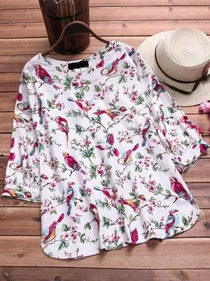 Large size women's shirt cotton and linen printed plus size 5XL 6XL 7XL 8XL 9XL summer round neck long sleeve loose white top - Цвет: picture color