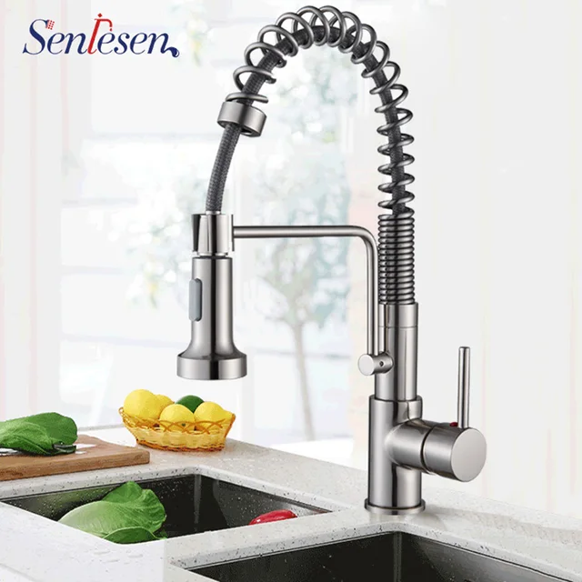 Best Offers Kitchen Faucets W/ Spring Level Nickel / Bronze Mixer Faucet for Kitchen Single Handle Pull Down Deck Mounted Crane for Sinks