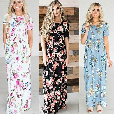 

Summer Casual Floral Print Short Sleeve Boho Woman Dress Clothes Short Sleeve Ladies Evening Party Long Maxi Women Dress