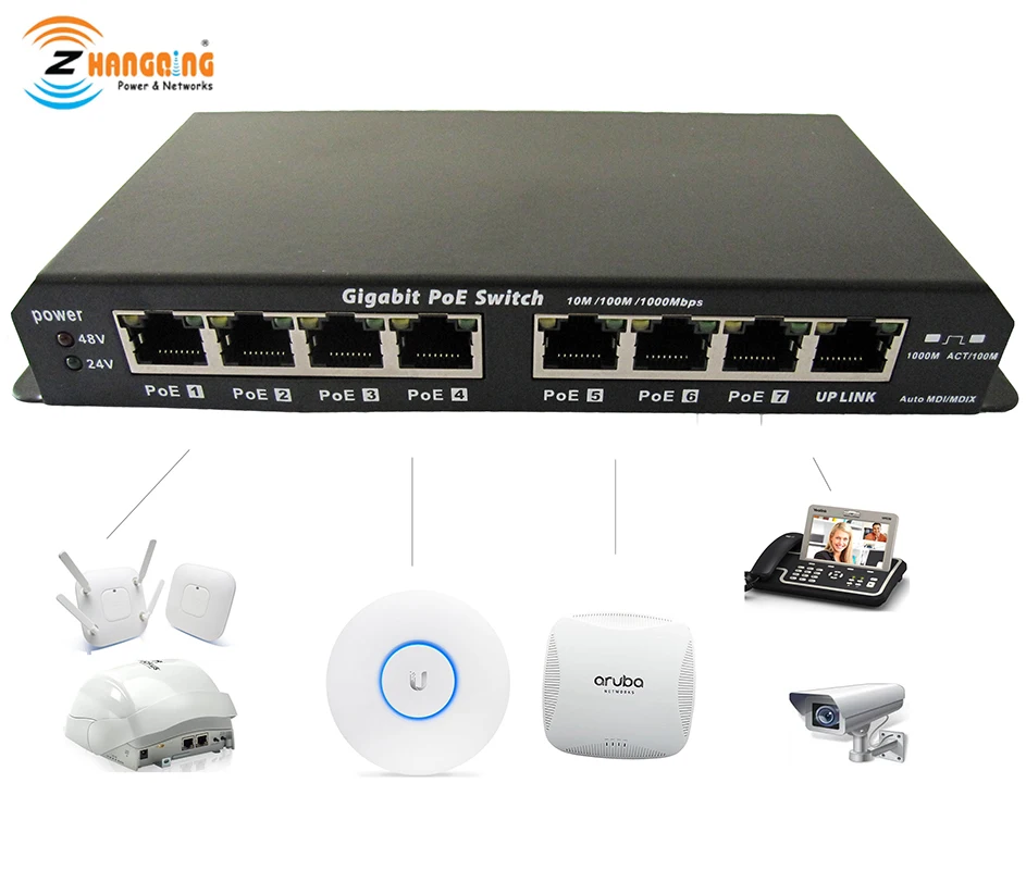 7+ 1 порт gigabit Мощность over ethernet пассивный poe-коммутатор 1 Uplink для Wi-Fi точка доступа, MikroTik, 24 V 48 V устройств