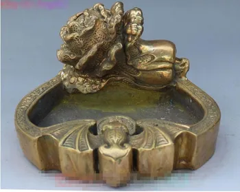 

YM 307 6" Chinese Dynasty Brass Wealth Cabbage Bat Statue coin ashtray Tobacco Tank