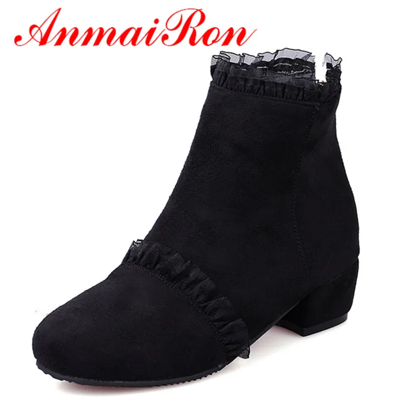 ANMAIRON Classic Black Shoes Woman Lace Charms Low Heels Large Size 34-43 Ankle Boots for Women Round Toe Autumn &Winter Western ANMAIRON Classic Black Shoes Woman Lace Charms Low Heels Large Size 34-43 Ankle Boots for Women Round Toe Autumn &Winter Western