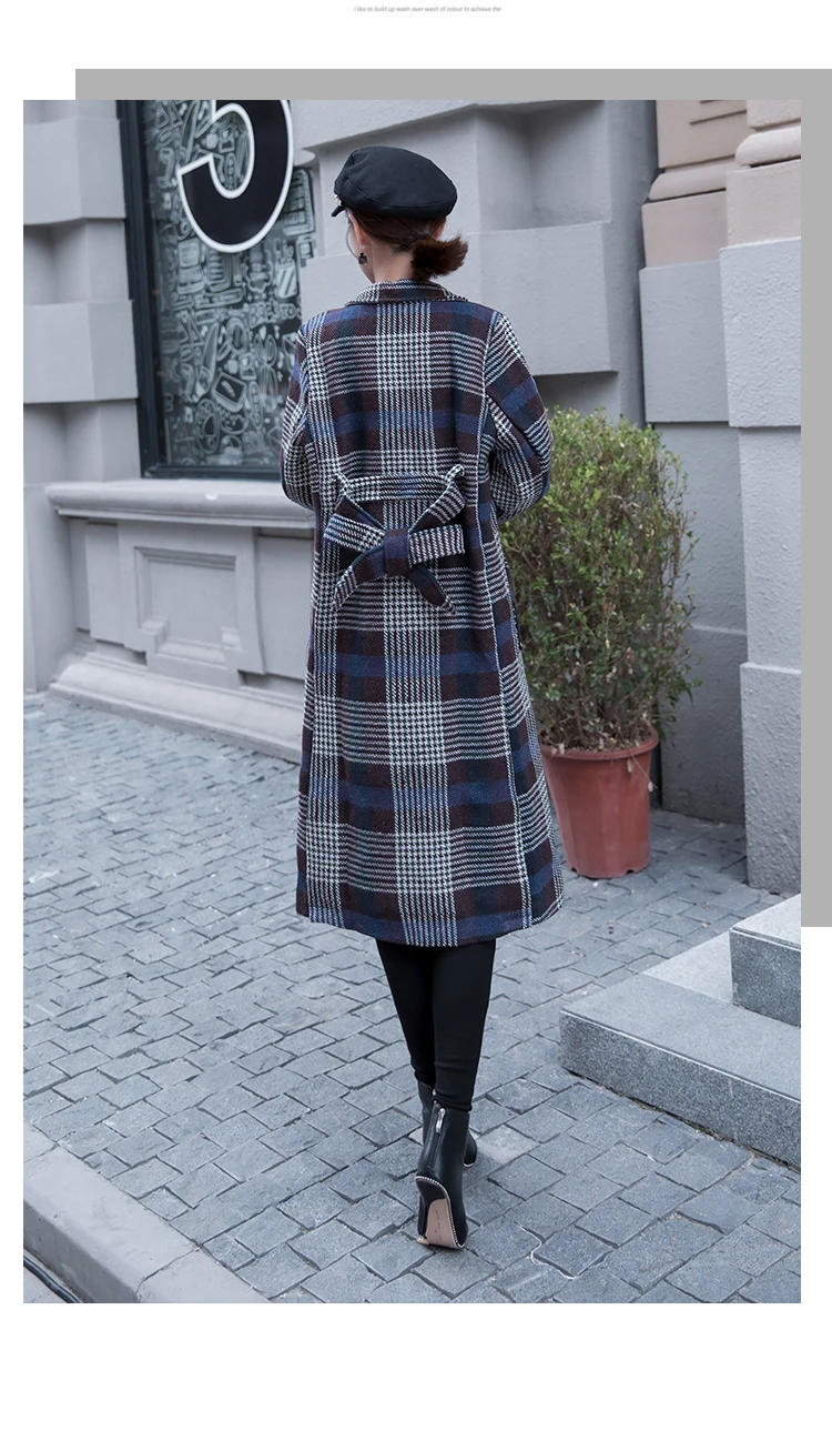 SexeMara осень и зима новая Ретро клетчатая куртка женское длинное Свободное пальто с галстуком пальто
