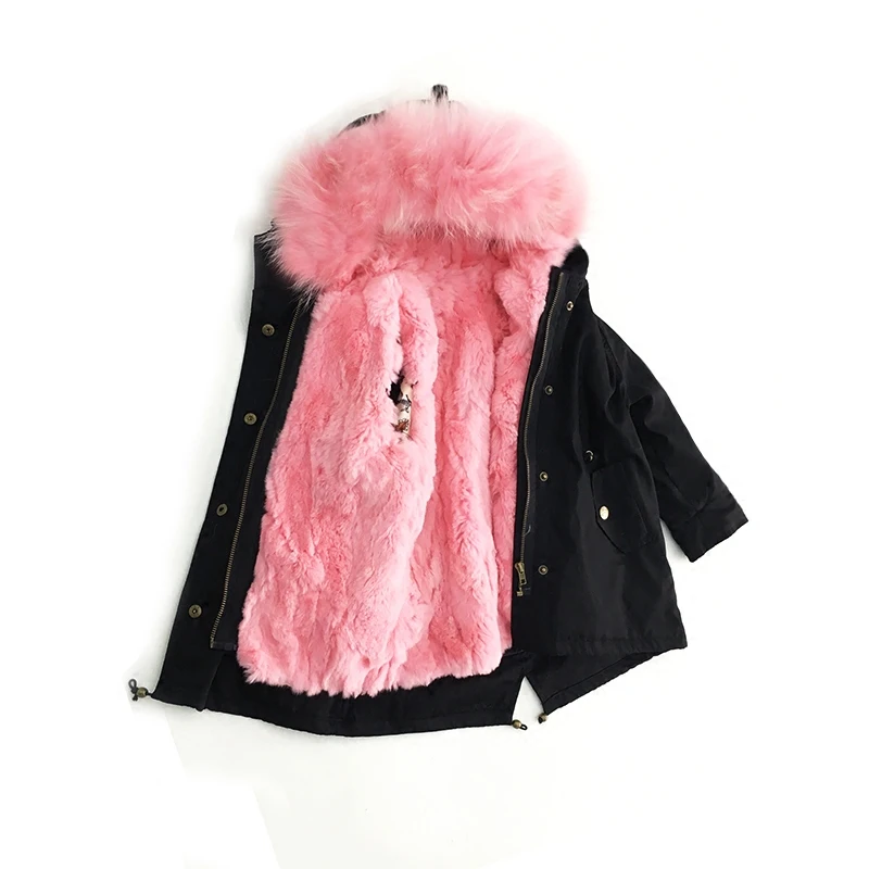 Детская зимняя куртка для родителей, Женское пальто, куртка с воротником из натурального меха енота, Толстая теплая подкладка из кроличьего меха