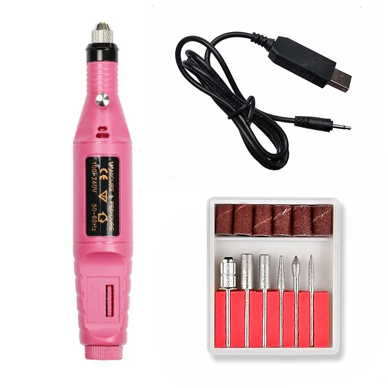 1 Набор, 6 бит, электрический аппарат для маникюра, сверла для дизайна ногтей, гель, пилочка для кутикулы, напильники, фрезы, шаг, USB аппарат - Цвет: rose