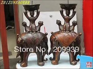 

10"China Tibet Feng shui bronze luck Double elephant Dragon person Candlestick
