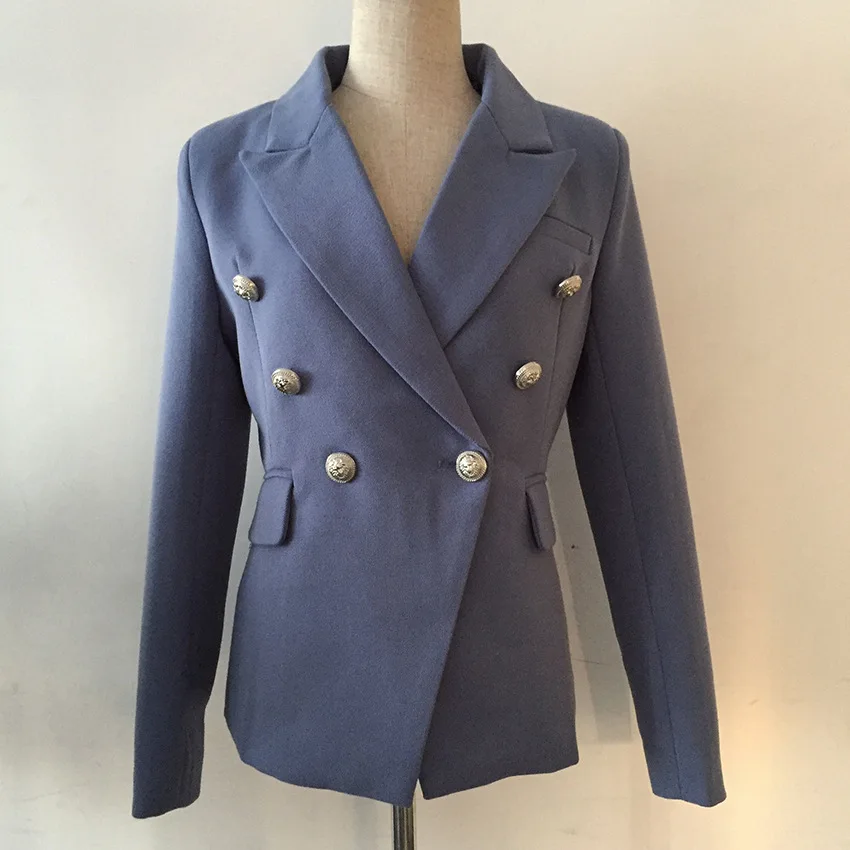 

TOP QUALITY Designer Blazer Jacket Women 2019 New Fashion Double Breasted Metal Lion Buttons Blue Jacket Blazer