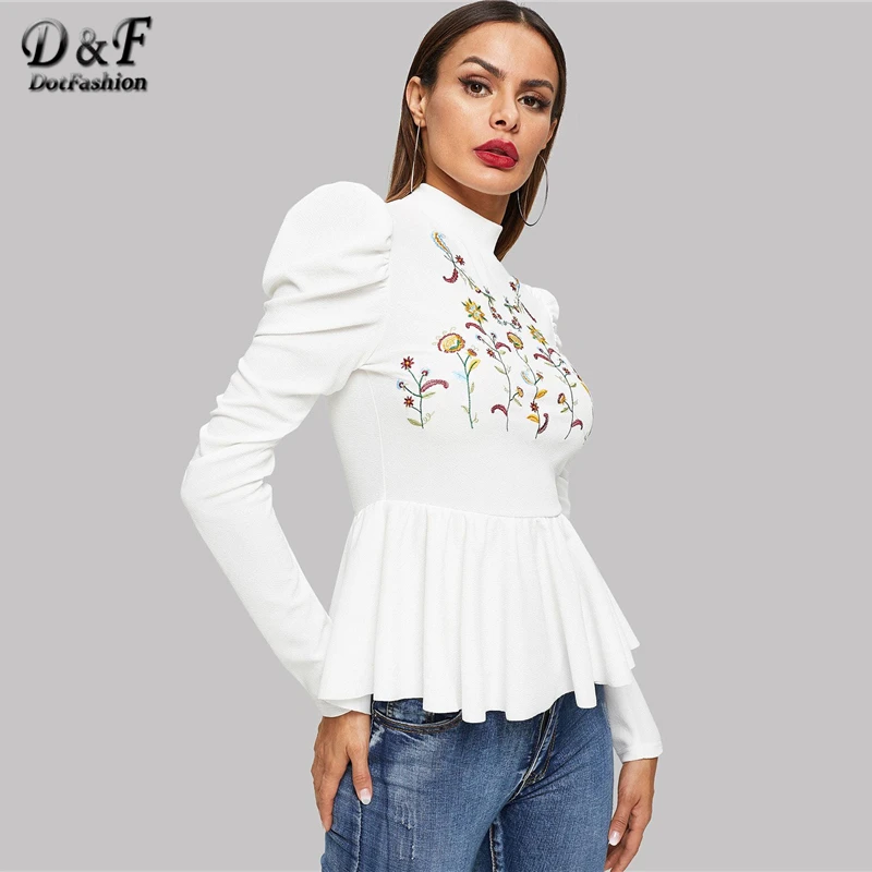  Dotfashion White Flower Embroidered Ruffle Womens Tops And Blouses 2019 Autumn Clothes Casual Pullo