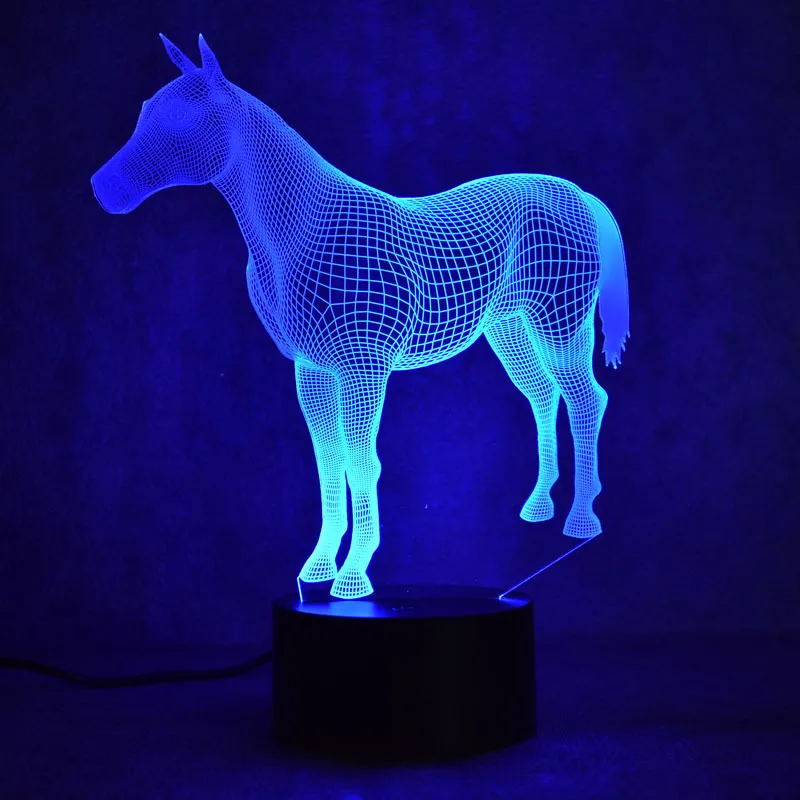 Цветной СВЕТОДИОДНЫЙ ночник в виде лошади битвы маленький 3d яркого цвета с