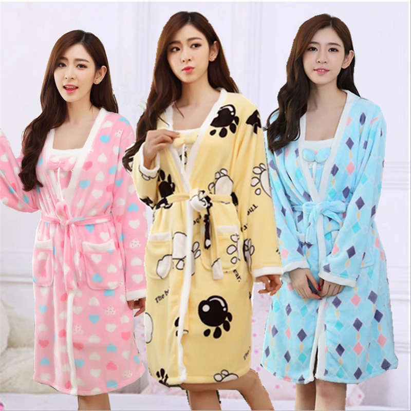 New Autumn/Winter Cozy sleepwear set Flannel Bathrobe Breathable