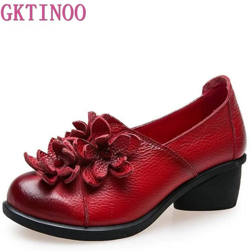 

GKTINOO 2019 Newest Spring Comfortable Soft Fashion Shoes Flower Cow Leather Shoes Woman Elegant wedding Shoes High Heels