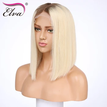 

Short Human Hair Wigs For Black Women Brazilian Lace Front Wig With Pre Plucked Baby Hair #4/613 Elva Remy Hair Bob Wig 8-14''