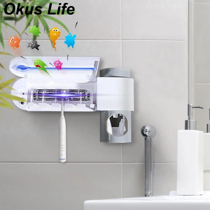 

USB 2 in 1 UV Light Ultraviolet Toothbrush Sterilizer Toothbrush Holder Automatic Toothpaste Squeezers Dispenser Bathroom Set