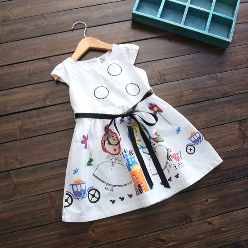 Summer Girls Dress 2019 New Cute Cartoon Pattern Kids Dresses for Girl 2 3 4 5 6 7 8 Year Children White Princess Party Clothing
