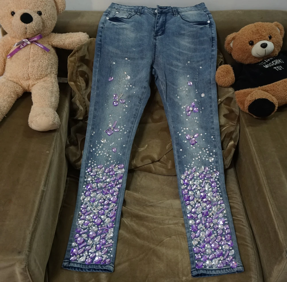 Джинсы бойфренда Роскошные Стразы Алмаз карманные джинсы, женские брюки уличная Женская стрейчевое большого размера облегающие джинсы