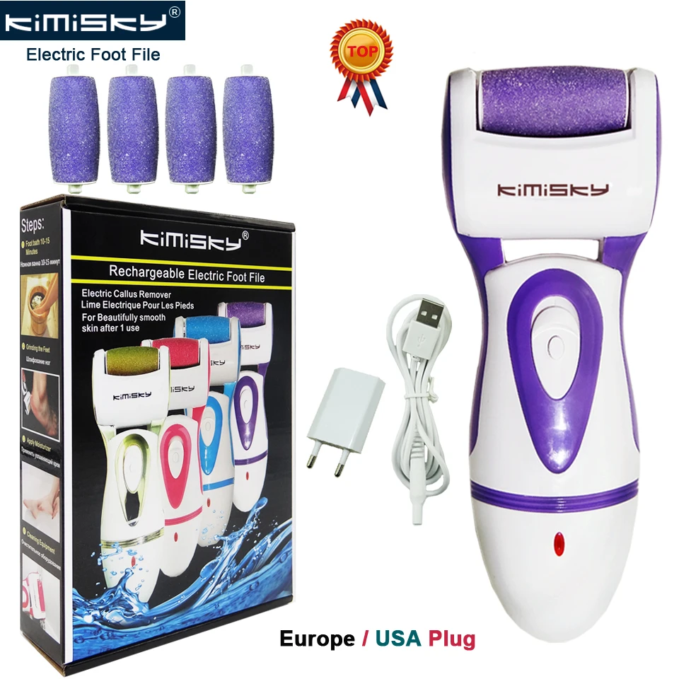 

KIMISKY Purple Foot Care Tool Electric Exfoliator Callus Remover PK Scholls Electric Foot File Pedicure +3Roller Heads +Gift Box