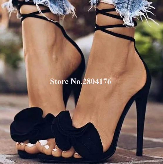 

Newest Elegant Fashion Open Toe Suede Leather Ruffle Stiletto Heel Sandals Black Red Fringes High Heel Sandals Dress Heels Shoes