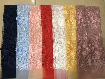 

High Quality Nigerian 3D applique with pearls Fabrics African French Net Lace Fabric Tulle Mesh Fabric Wedding dress / evening