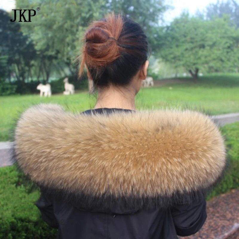 JKP 80cm Women 100% Natural Raccoon Fur Collar Scarf Winter Warm Shawl  Real Fur Collar Scarves Oversized Neck Cap