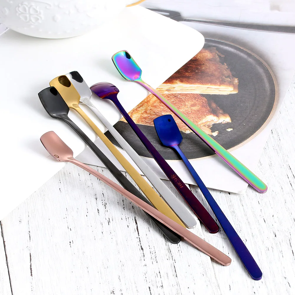 

1PC Rainbow Stainless Steel Long Handle Iced Tea Spoon Coffee Milk Spoon Cold Drink Fruit Juice Long Ice Scoop Drinking Tools