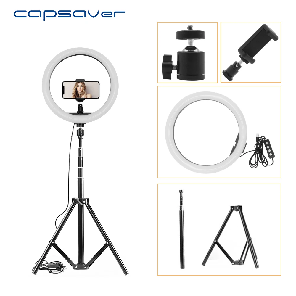 

capsaver 12 inches USB LED Ring Light 160 LEDs Annular Lamp with Tripod Dimmable 2700K/5500K CRI90 Photographic Lighting