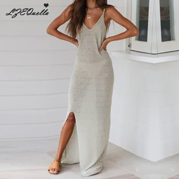 

LZEQuella Women Solid Split Long Dress Sleeveless Beach Sexy V neck Sundress Holiday Party Dresses Vestidos NZ605