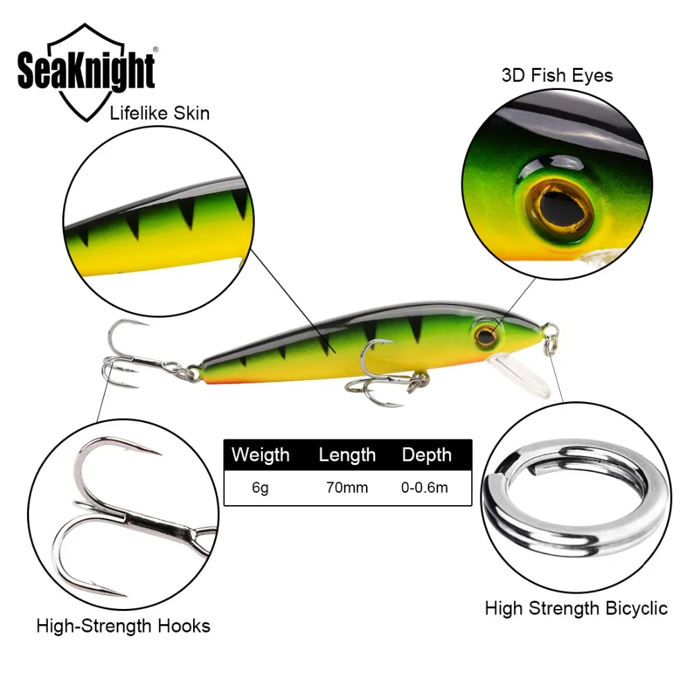 SeaKnight SK012 1 шт. гольян рыболовная приманка 6 г 7 см 0-0,6 м жесткая приманка для плавания приманка высокого качества крючок искусственная приманка Рыболовная Снасть