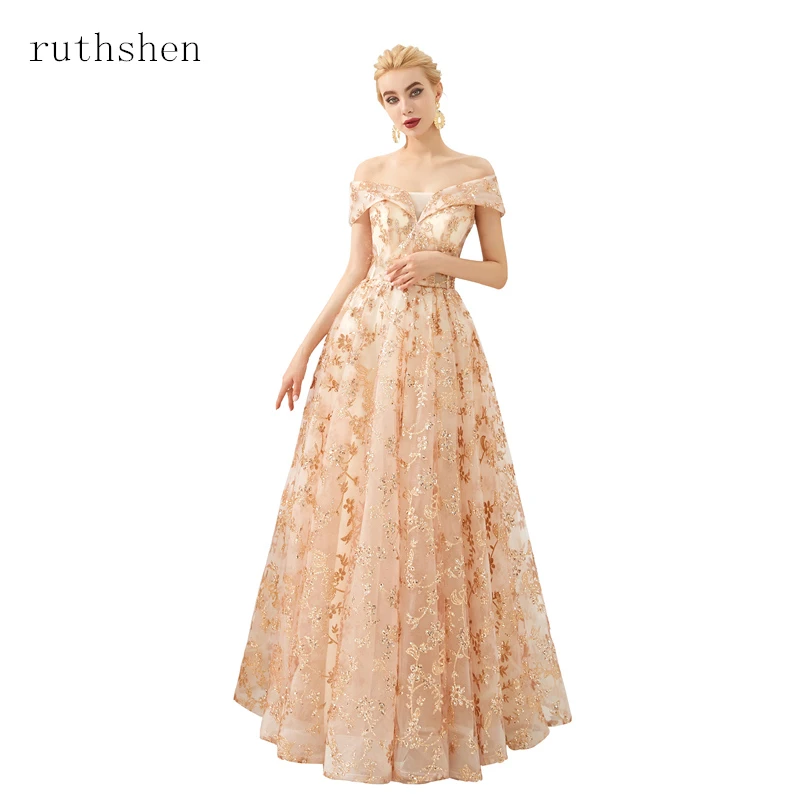 

2019 Vestidos De Gala Largos Gold Appliques A line Off The Shoulder Prom Dresses Evening Dress Floor Length Robes De Soiree