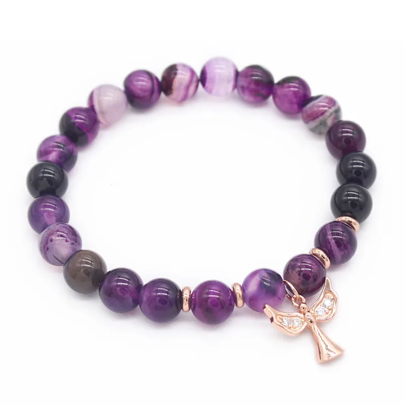 

Poshfeel 8mm Purple Stone Bracelets & Bangles Beads Jewelry Rose Gold Crystal Angel Charm Women Bracelet MBR180261