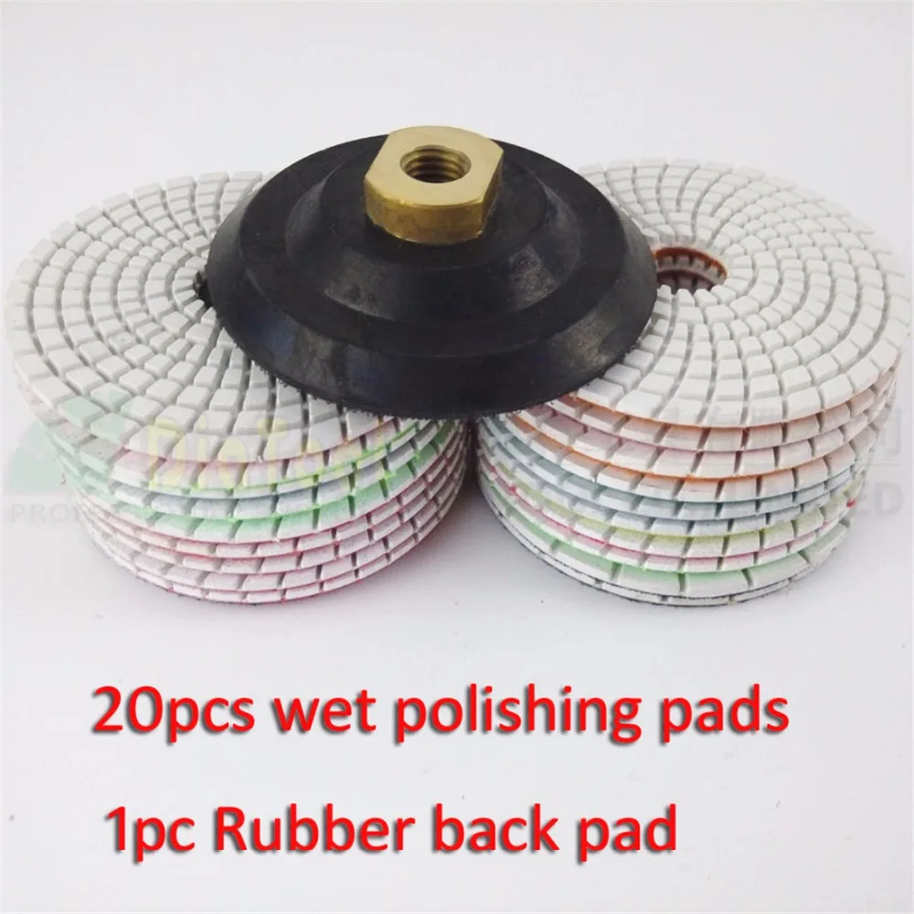20pcs Diamond flexible Wet polishing pad for stone and 1pcs rubber back pad, Spiral type Dia 100mm/4" Free-shipping