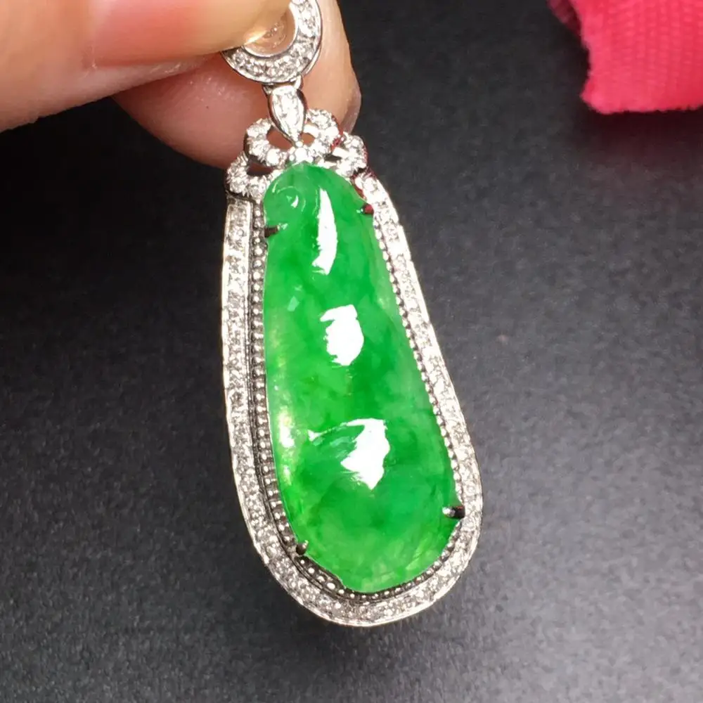 

706 Fine Jewelry Pure 18K White Gold Diamonds Burmes Origin Buddha Natural Green Jade Female's Women Pendants Necklaces