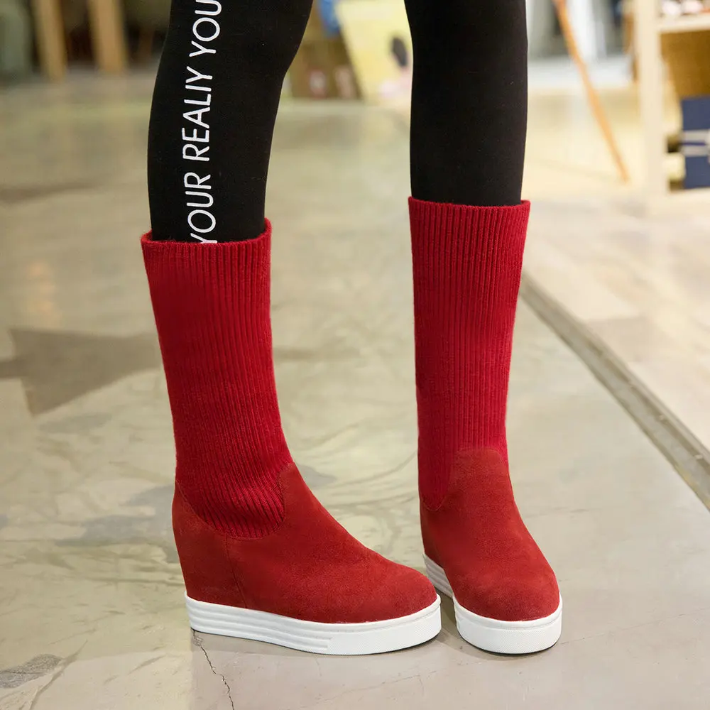 AIWEIYi/женские ботильоны; черные, красные ботинки с круглым носком на высоком каблуке; женские зимние ботинки; женская обувь на танкетке; ботильоны