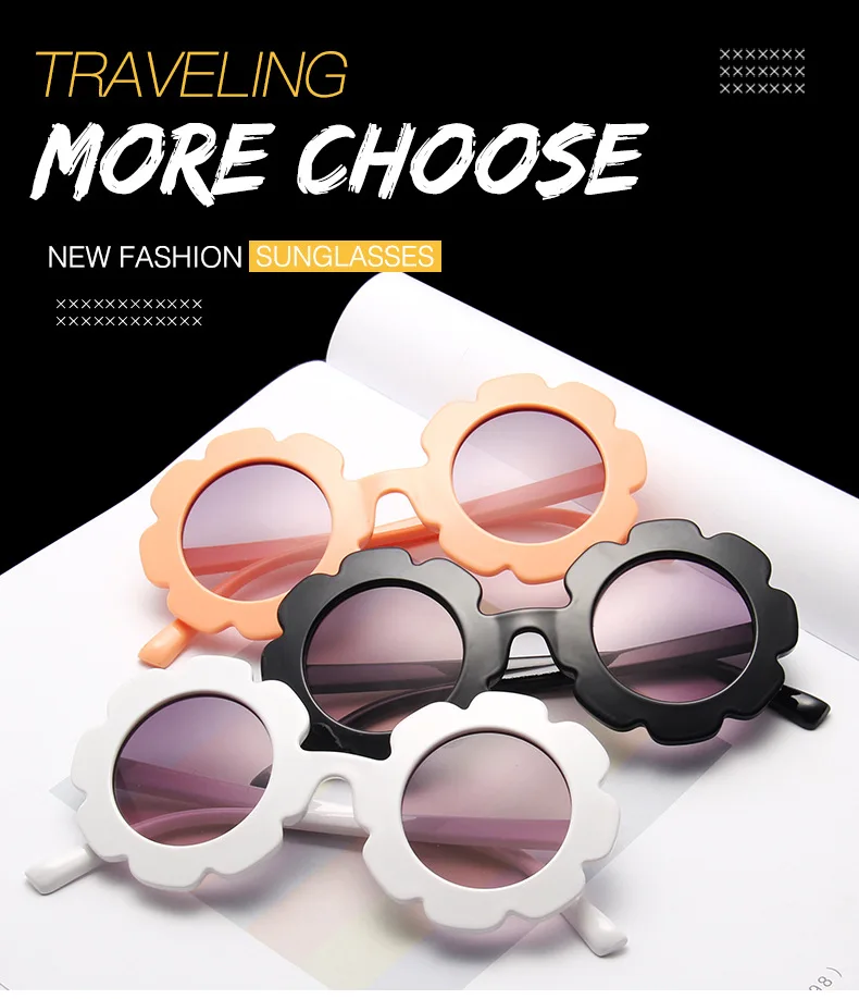 Новые солнечные очки с цветком для детей, милые детские удобные цветные очки для мальчиков и девочек, круглая оправа с лепестками