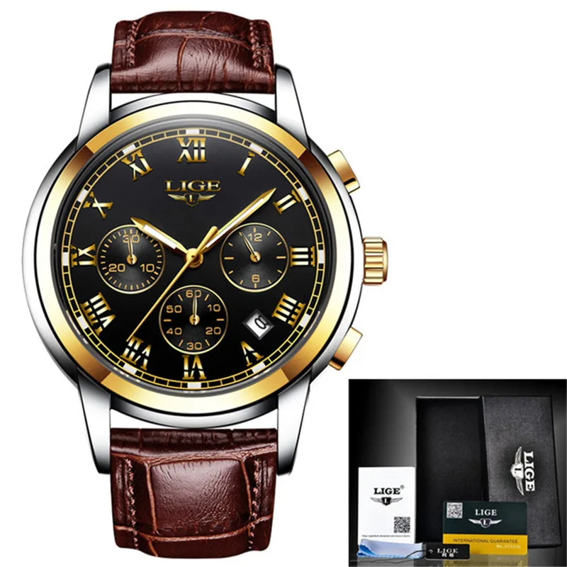 LIGE мужские часы Лидирующий бренд модные роскошные деловые автоматические механические часы мужские военные полностью стальные водонепроницаемые часы Relogio - Цвет: Leather Gold Black