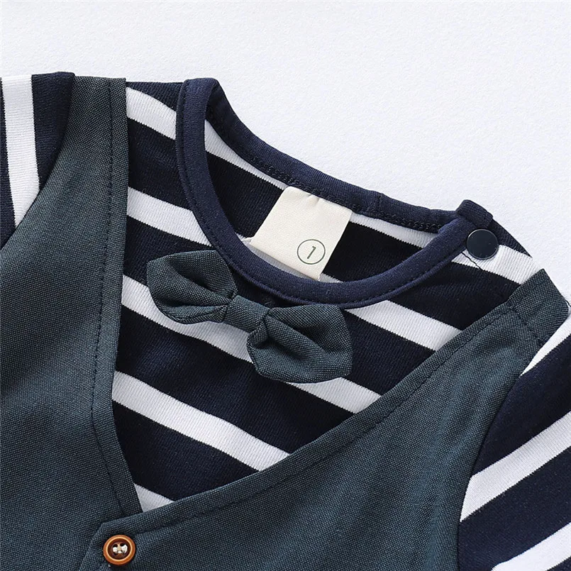Infant Baby Boys Short Sleeve Gentleman Bow Tie Striped Print Romper Jumpsuit  (11)