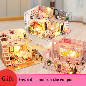 

Toys for Children casa Doll House include Dust Cover Furniture Diy Miniature 3D Wooden Miniaturas Dollhouse Birthday Gifts