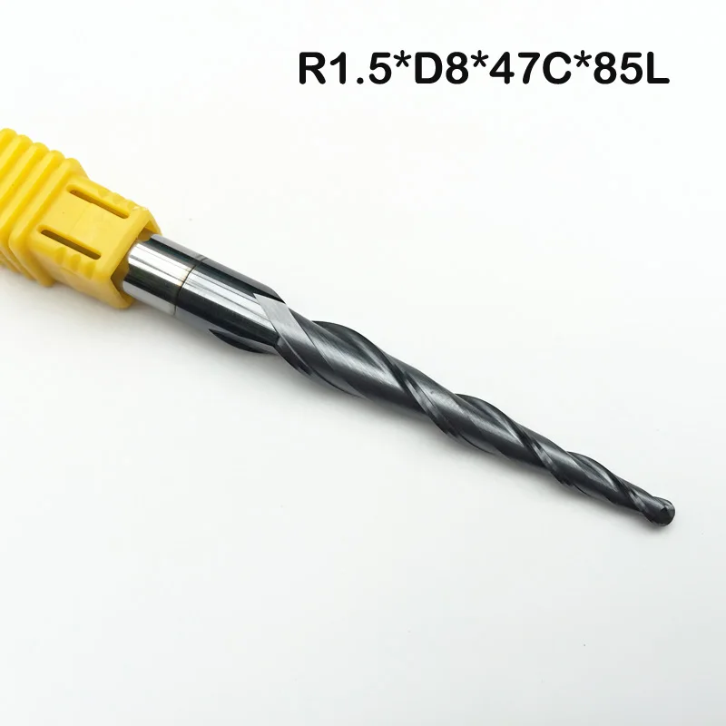 

1PC R1.5*D8*47*85L*2F HRC55 Tungsten solid carbide Coated Tapered Ball Nose End Mills taper and cone endmills Metal CNC Bit